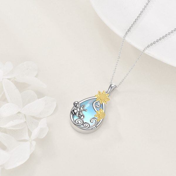 Sterling Silver Sunflower Bee Filigree Teardrop Pendant Necklace With Moonstone-4