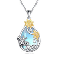 wholesale 925 Sterling Silver Blue Moonstone Sunflower & Bee Filigree Pendant Necklace- Two Tone