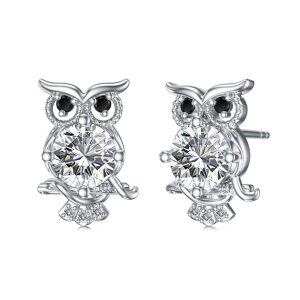 Sterling Silver April Birthstone Owl Stud Earrings-0