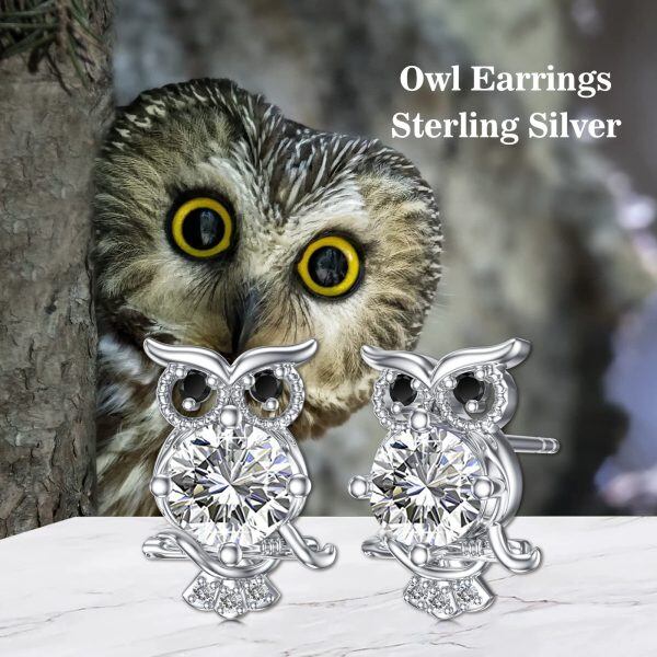 Sterling Silver April Birthstone Owl Stud Earrings-2