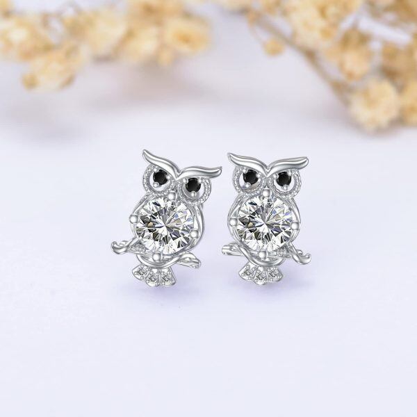 Sterling Silver April Birthstone Owl Stud Earrings-4