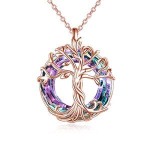 Sterling Silver Rose Gold Plated Tree Of Life Pendant Necklace With Purple Crystal Circle-0