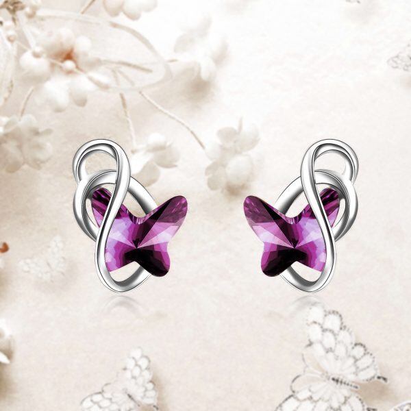 Sterling Silver Purple Crystal Butterfly Stud Earrings-2