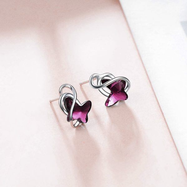 Sterling Silver Purple Crystal Butterfly Stud Earrings-4