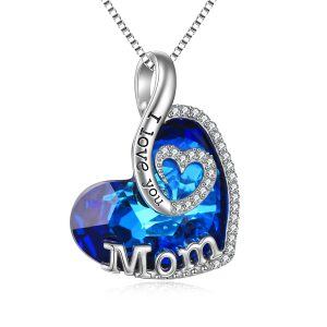 Sterling Silver "I Love You Mom" Heart Crystal Pendant Necklace-0