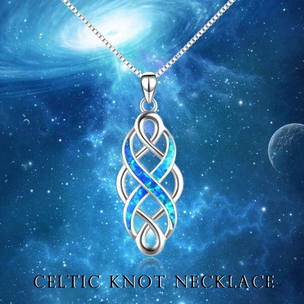 Sterling Silver Irish Celtic Knot Created Opal Pendant Necklace-3