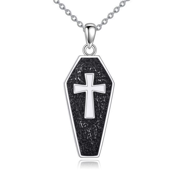 Sterling Silver Enamel Coffin Pendant Necklace-0