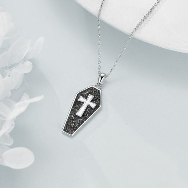 Sterling Silver Enamel Coffin Pendant Necklace-5