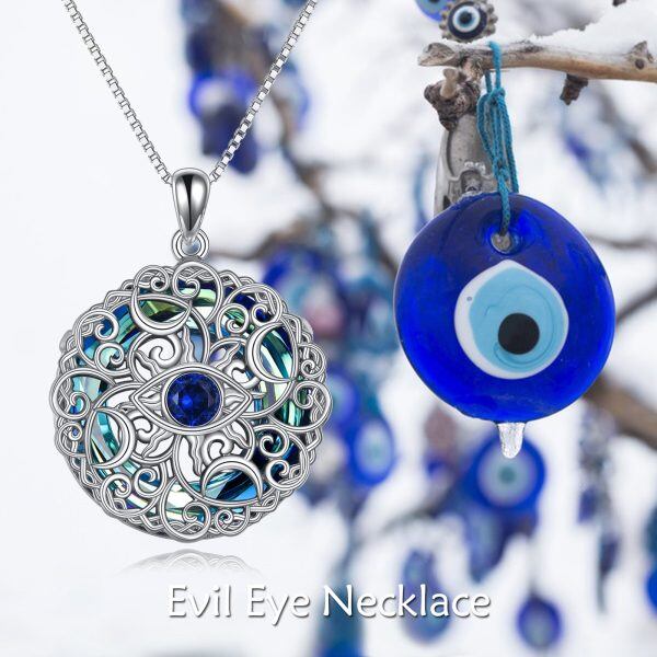 Sterling Silver Evil Eye Pendant Necklace With Blue Circle Crystal-2