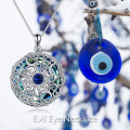 wholesale 925 Sterling Silver Round Evil Eye Pendant with Blue Crystals and Filigree Design Necklaces for Women Gifts-0-2