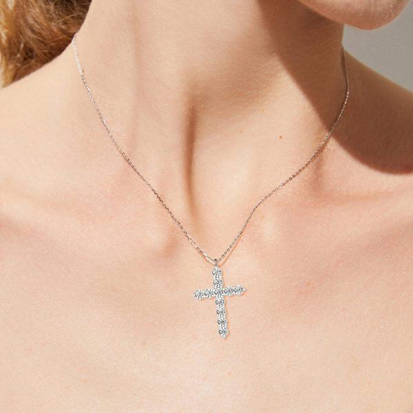 Sterling Silver Moissanite Cross Pendant Necklace-3