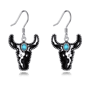 Sterling Silver Western West Turquoise Cow Dangle and Drop Earrings-0