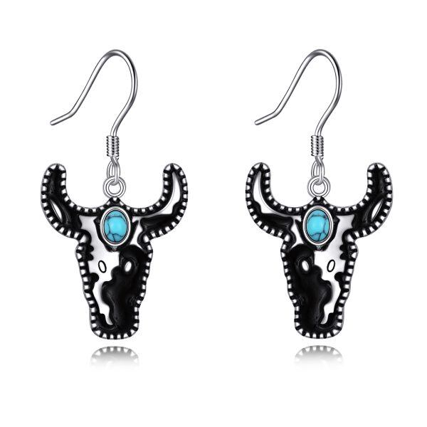 Sterling Silver Western West Turquoise Cow Dangle and Drop Earrings-1