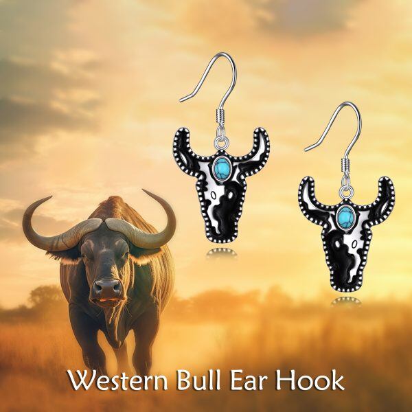 Sterling Silver Western West Turquoise Cow Dangle and Drop Earrings-3