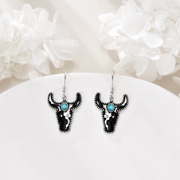 Sterling Silver Western West Turquoise Cow Dangle and Drop Earrings-6