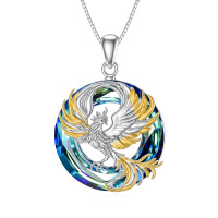 wholesale 925 Sterling Silver Blue Crystal Phoenix Pendant Necklace - Valentines Mothers Day Gifts for Her- Two Tone