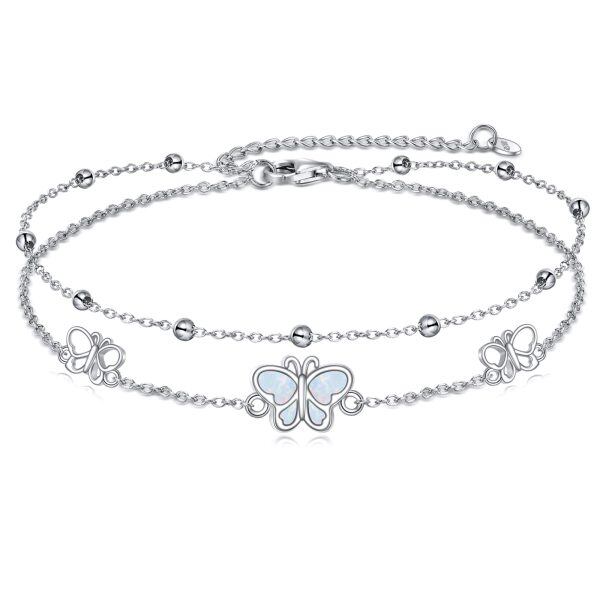 Sterling Silver Butterfly Opal Mixed Chain Anklet Bracelets-1