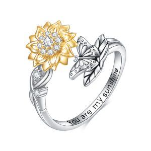 Sterling Silver Sunflower Butterfly Adjustable Ring-0