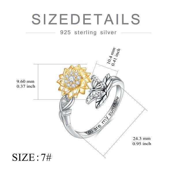 Sterling Silver Sunflower Butterfly Adjustable Ring-1