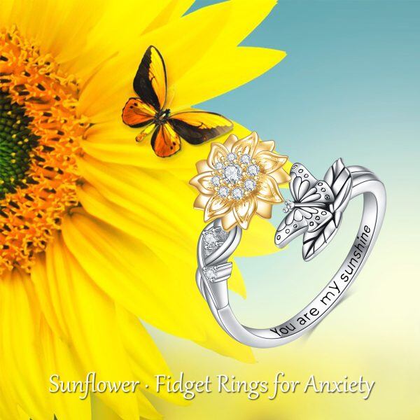 Sterling Silver Sunflower Butterfly Adjustable Ring-2