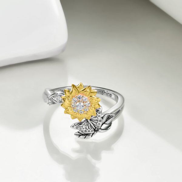 Sterling Silver Sunflower Butterfly Adjustable Ring-4