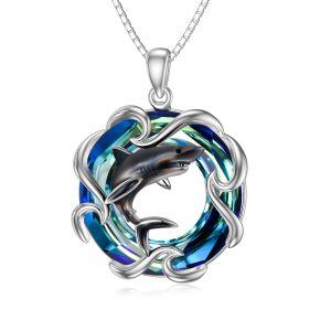 Sterling Silver Black Wave Pendant Necklace With Blue Crystal Circle-0