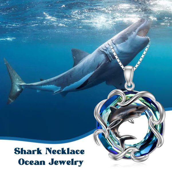 Sterling Silver Black Wave Pendant Necklace With Blue Crystal Circle-2