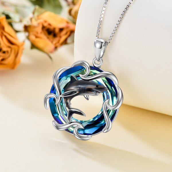 Sterling Silver Black Wave Pendant Necklace With Blue Crystal Circle-4