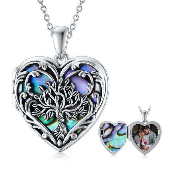 Sterling Silver Tree Heart Shaped Locket Necklace With Abalone Shell-0