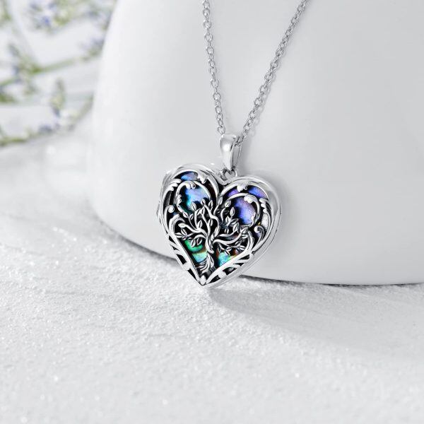 Sterling Silver Tree Heart Shaped Locket Necklace With Abalone Shell-5