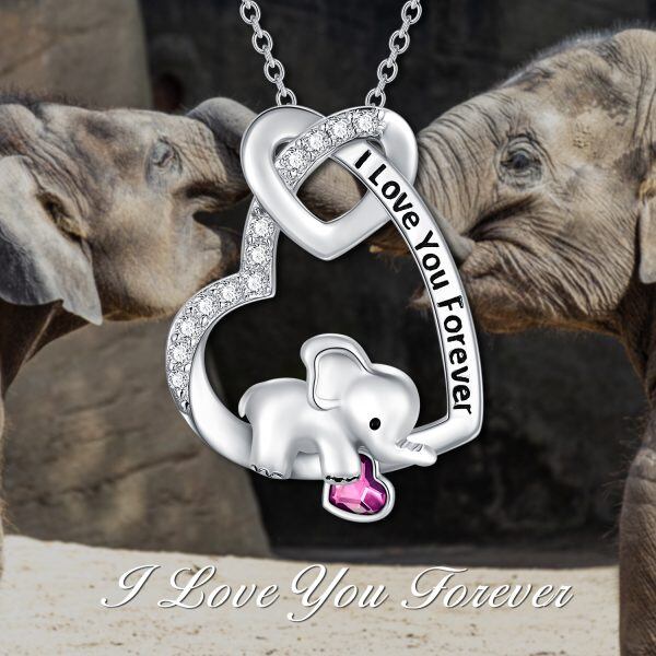 Sterling Silver Elephant Heart Pendant Necklace With Pink Crystal-2