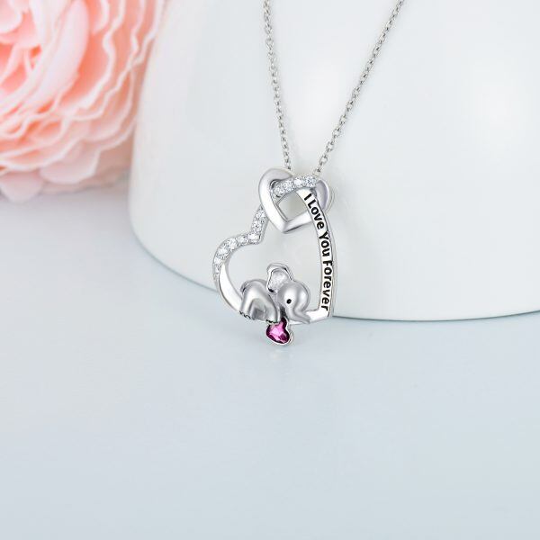 Sterling Silver Elephant Heart Pendant Necklace With Pink Crystal-5