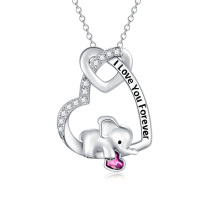 wholesale 925 Sterling Silver Metal Crystal Cute Elephant Heart Pendant Necklace with Pink Stone and I Love You Forever Inscription- Rhodium Plated
