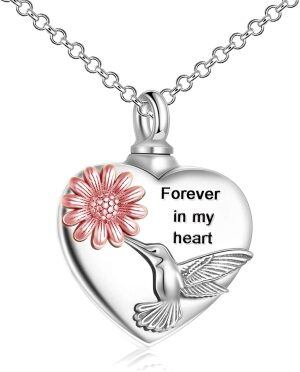 Sterling Silver Sunflower Hummingbirds Urn Necklace-0