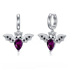 Sterling Silver Bat Halloween Crystal Dangle and Drop Earrings-0