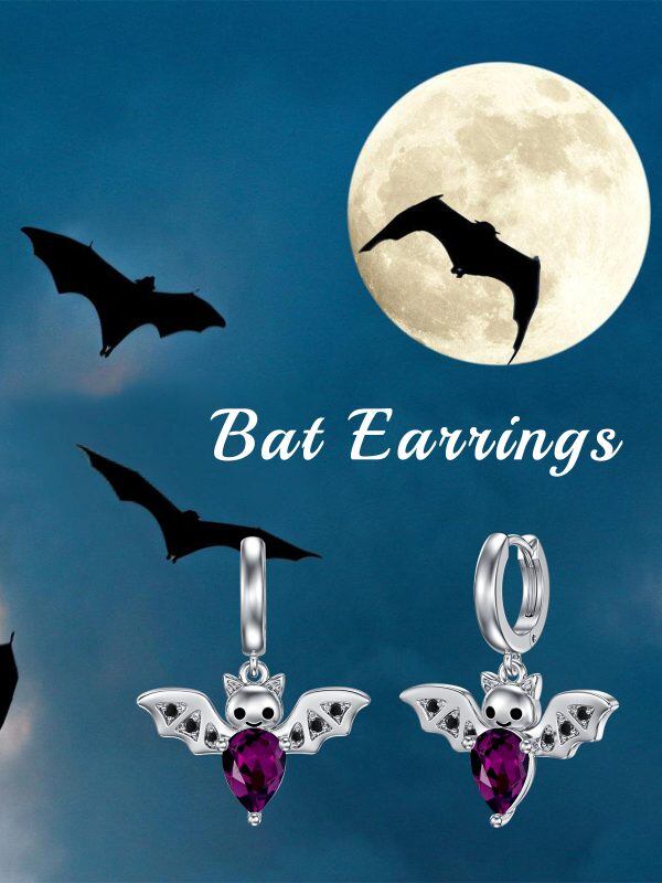 Sterling Silver Bat Halloween Crystal Dangle and Drop Earrings-2