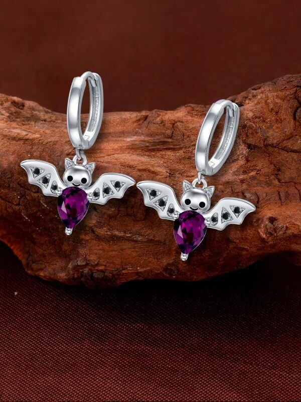 Sterling Silver Bat Halloween Crystal Dangle and Drop Earrings-4