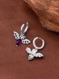 wholesale 925 Sterling Silver Bat-Shaped Purple Crystal Halloween Hoop Earrings for Women-0-5