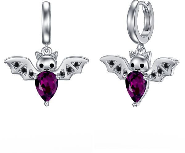 Sterling Silver Bat Halloween Crystal Dangle and Drop Earrings-7