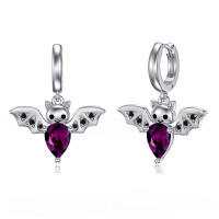 wholesale 925 Sterling Silver Bat-Shaped Purple Crystal Halloween Hoop Earrings for Women- Rhodium Plated