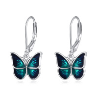 wholesale 925 Sterling Silver Blue Green Enamel Butterfly Drop Dangle Leverback Earrings  for Women Girl- Rhodium Plated