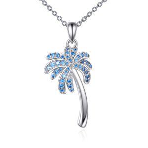 Sterling Silver Palm Tree Coconut Tree Blue Pendant Necklace-0