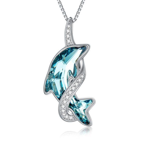 Sterling Silver Blue Crystal Dolphin Pendant Necklace-0