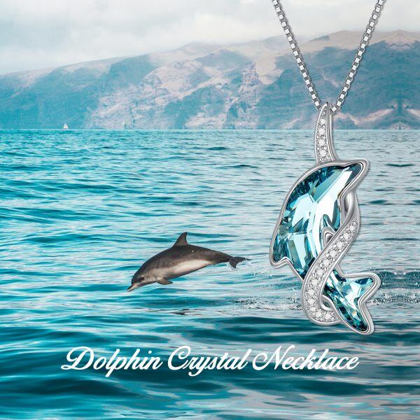 Sterling Silver Blue Crystal Dolphin Pendant Necklace-2