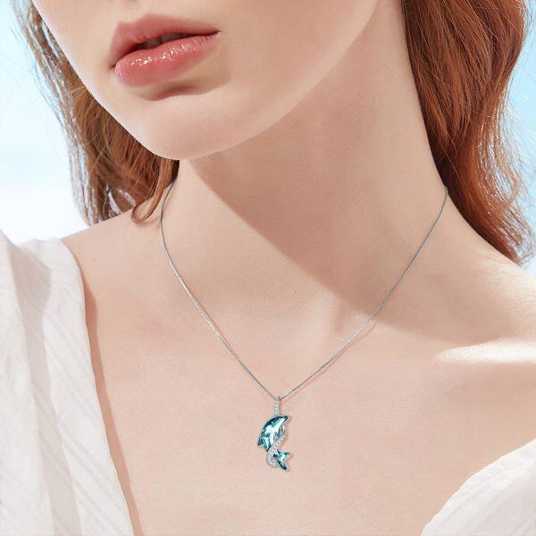 Sterling Silver Blue Crystal Dolphin Pendant Necklace-3