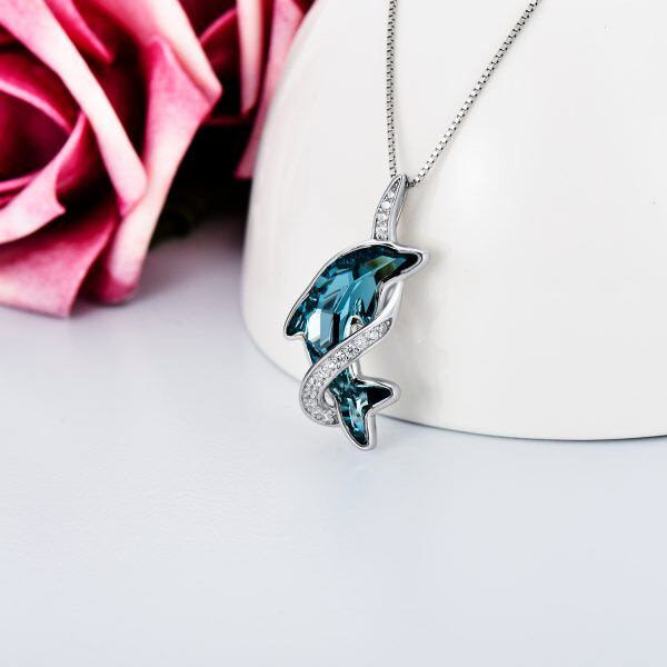 Sterling Silver Blue Crystal Dolphin Pendant Necklace-4