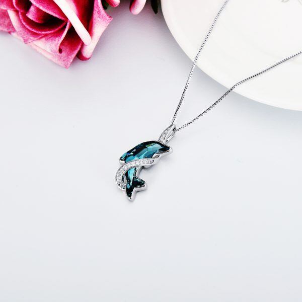 Sterling Silver Blue Crystal Dolphin Pendant Necklace-5