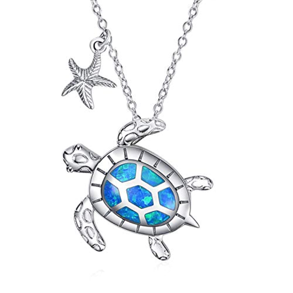 Sterling Silver Blue Opal Sea Turtle Pendant Necklace-0