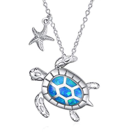 wholesale Sterling Silver Created Opal Turtle Dolphin Jellyfish Octopus Shell Seahorse Stingray Collar Birthday Gift for Women Girls - Rhodium Plated- Rhodium Plated