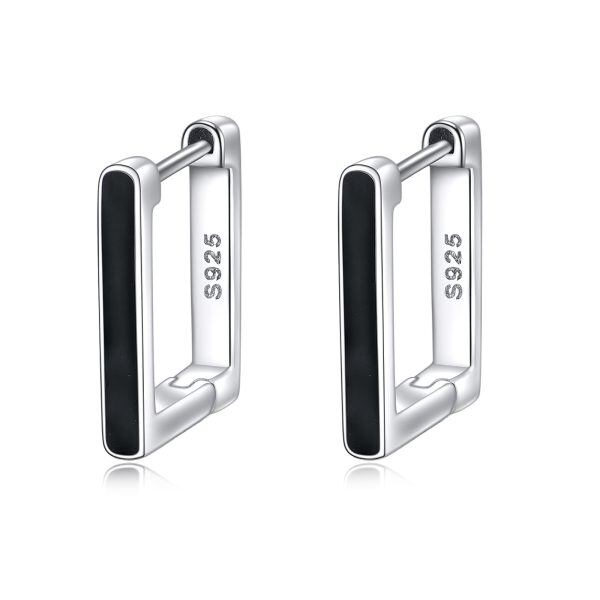 Sterling Silver Geometry Black Enamel Square Hoop Earrings-0